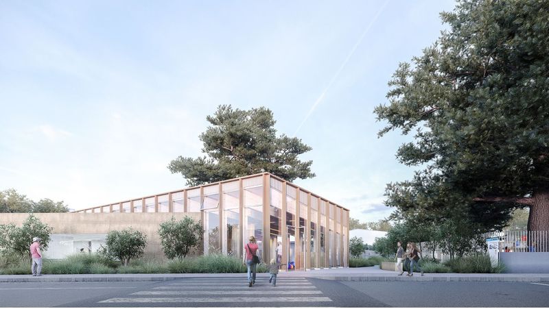 Projet de hall d’accueil de l’école Urbain Le Verrier, dans le quartier Bottière-Pin Sec. © Atelier Mim. Projet de hall d’accueil de l’école Urbain Le Verrier, dans le quartier Bottière-Pin Sec. © Atelier Mim.
