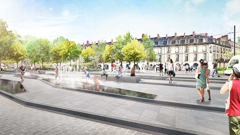 La renconstruction de la place du Commerce sera lancée au printemps 2020. Des fontaines feront la liaison avec l'île Feydeau. La renconstruction de la place du Commerce sera lancée au printemps 2020. Des fontaines feront la liaison avec l'île Feydeau.