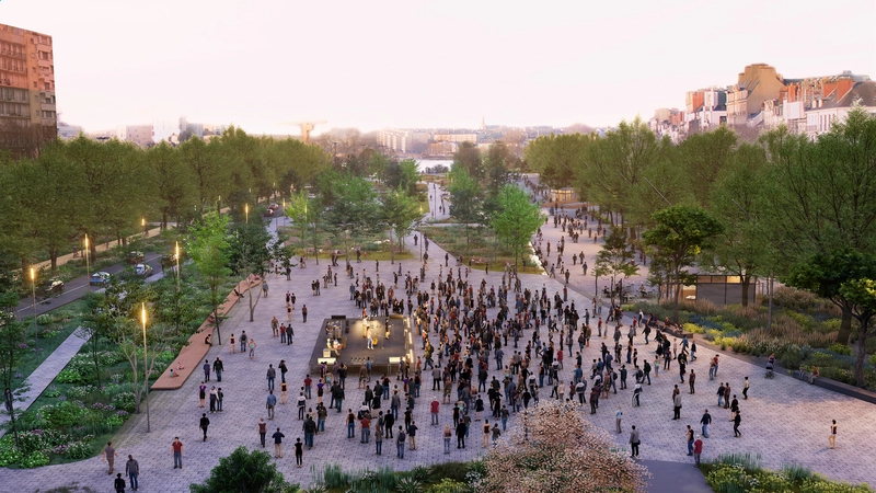 Vue de la future place à la tombée de la nuit. © Agence Ter