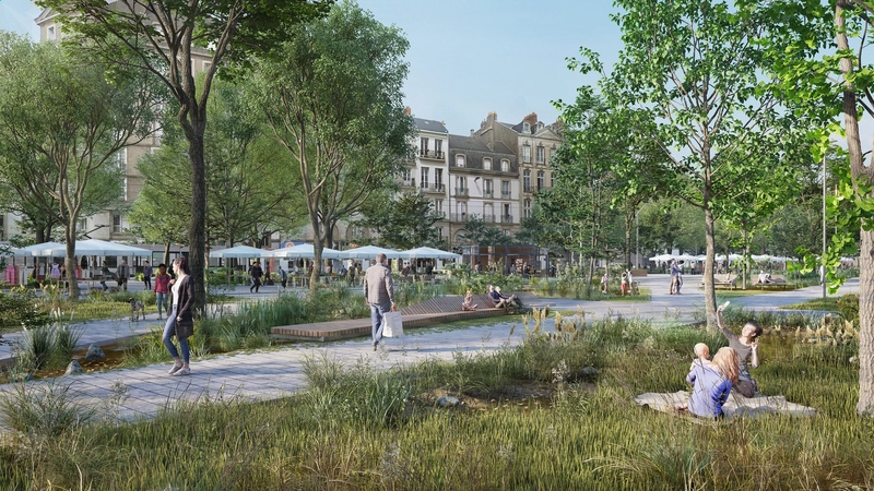 Vue du futur parc-archipel vers les façades du quai de la Fosse. © Agence TER