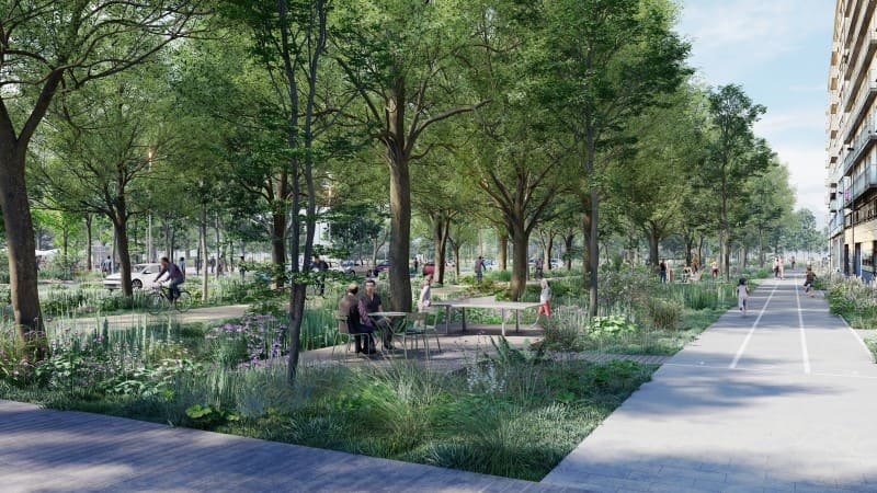 Vue de l’allée de l’île Gloriette, avec ses espaces de détente et de loisirs sous les arbres. © Agence Ter